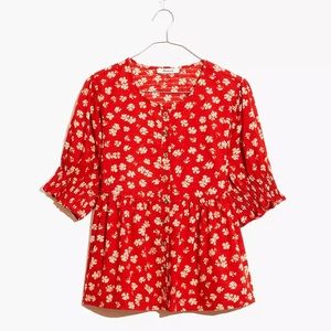 Madewell Puffsleeve Button Front Top in Swiss Dot Happy Hibiscus
